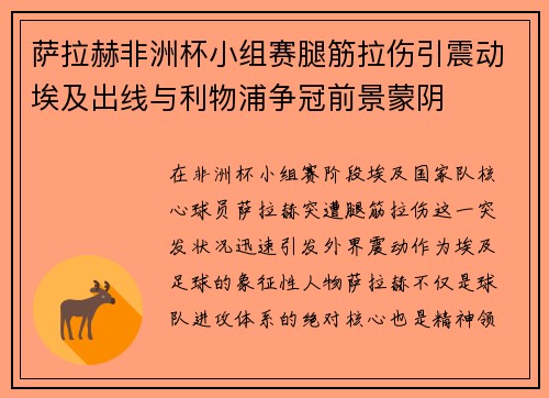 萨拉赫非洲杯小组赛腿筋拉伤引震动埃及出线与利物浦争冠前景蒙阴 萨拉赫非洲杯小组赛腿筋拉伤引震动埃及出线与利物浦争冠前景蒙阴